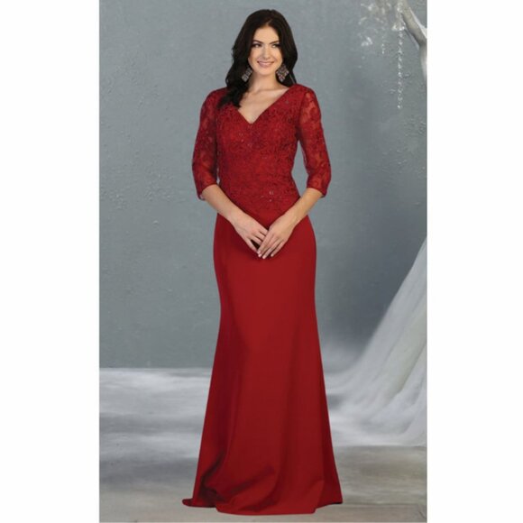 Burgundy Mother Of The Bride Long 3/4 Sleeves Trumpet Dress By May Queen  MQ1783